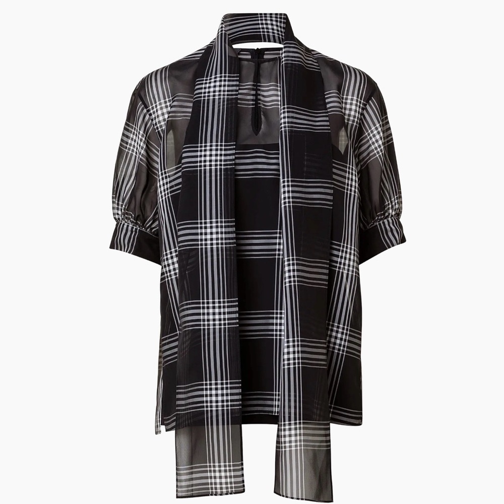 Akris, Silk Organza Check Blouse with Sash Detail, US 14, NEW!!